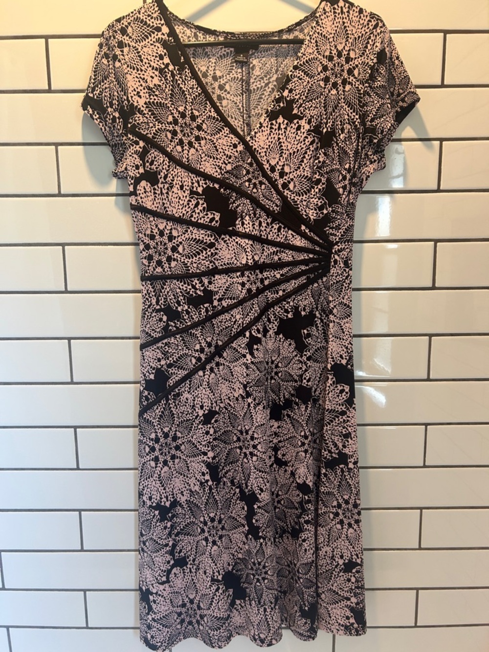 connected apparel Black and Pale Pink Floral Faux-Wrap Midi Dress